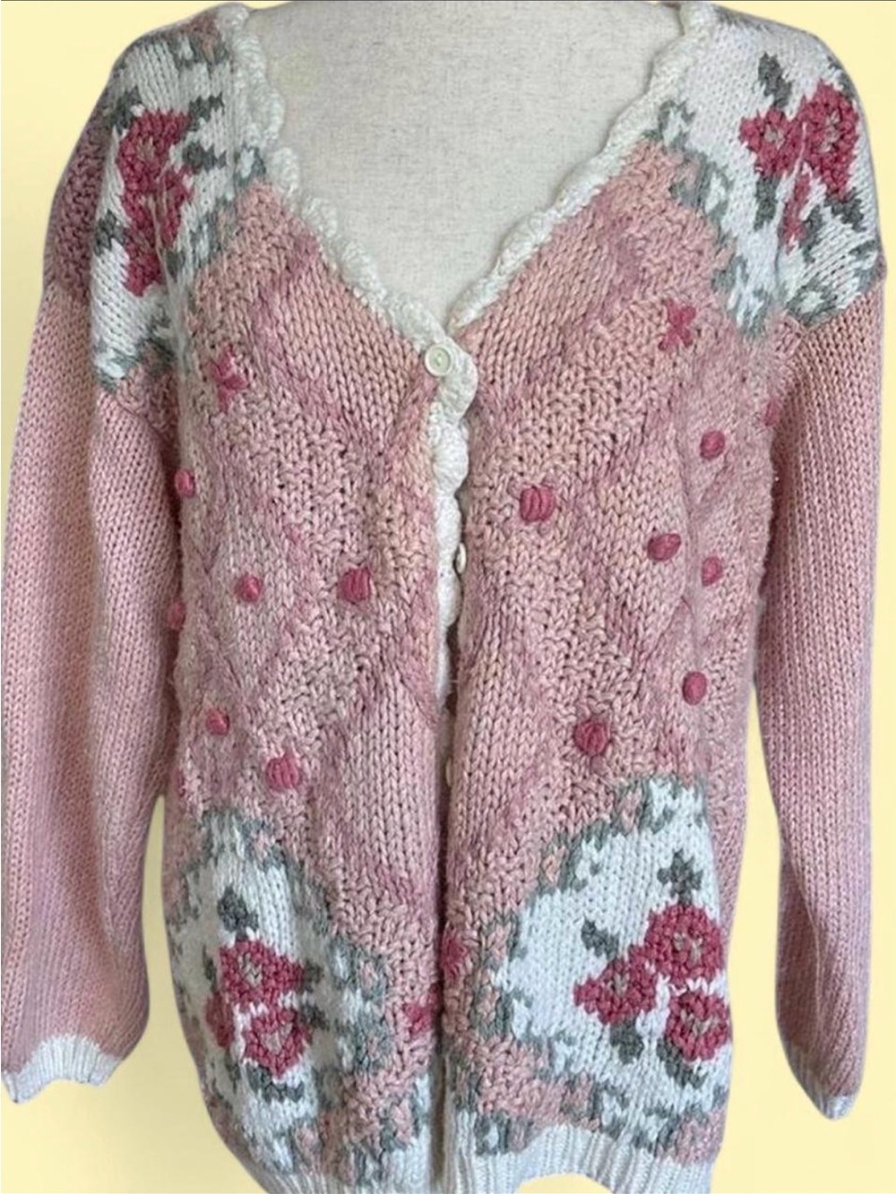 Vtg 80s oversized cardigan Classic Element pink HAND KNIT shoulder pads Korea